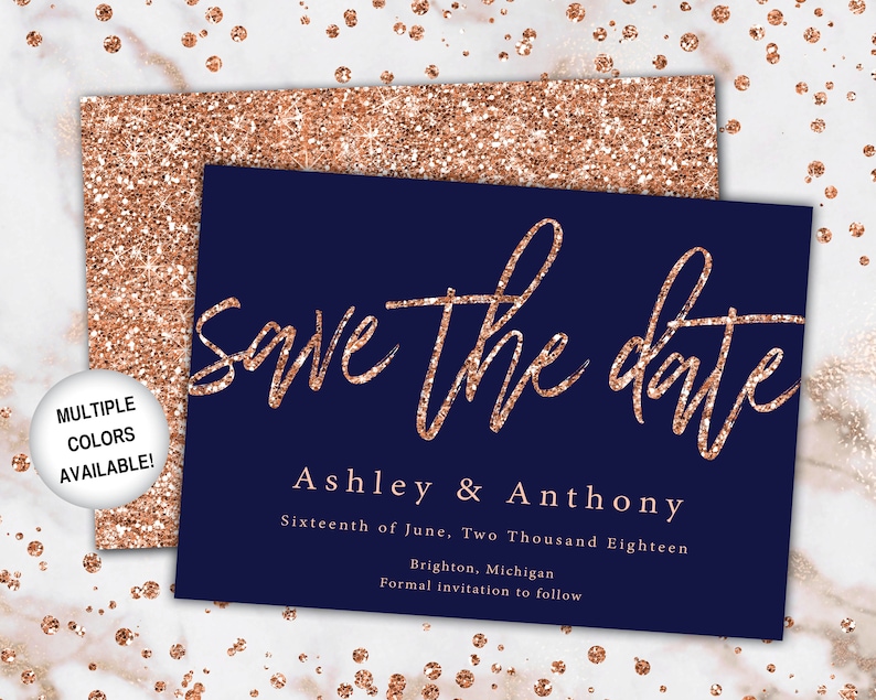 Rose Gold and Navy Save The Date Save The Date Invitation Template Rose Gold Save the Date Invitation Announcement Rose Gold Glitter image 1