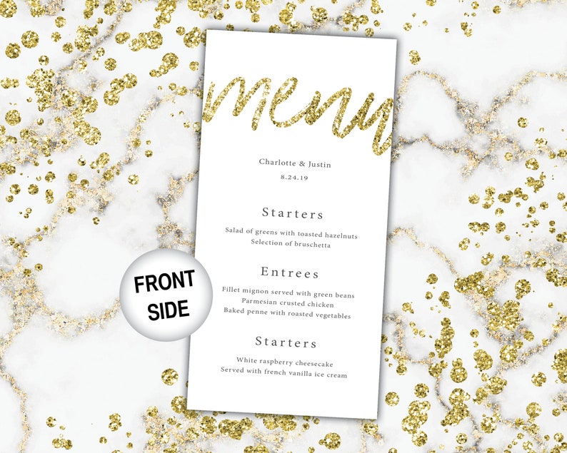 Gold Wedding Menu Template Wedding Menu Cards Printable Gold Glitter Gold Menu Cards for Wedding Gold Glitter Menu Digital File image 3