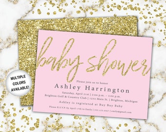 Pink and Gold Baby Shower Invitation | Baby Shower Invitation with Gold Glitter | Baby Shower Invitation Template | Printable It's a Girl