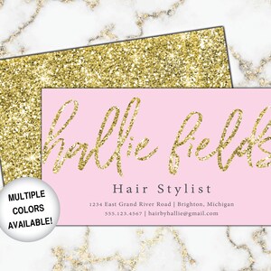 Pink and Gold Hairstylist Business Cards | Business Cards for Hairdresser | Hair Stylist Business Cards with Name | Glitter Business Cards