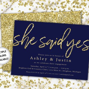 Gold and Navy Engagement Party Invitation | She Said Yes Invitation Template Navy and Gold Glitter | She Said Yes Engagement Party Invite