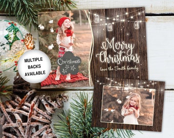 Rustic Christmas Card with Photo | Christmas Card Photo | Christmas Card Rustic Wood String Lights | Christmas Card Template