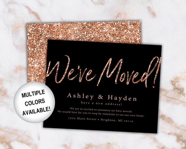 Rose Gold New Address Card Announcements We've Moved Announcements Rose Gold Glitter Printable New Address Card Template With Glitter image 8