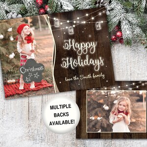 Rustieke vakantiekaart met foto | Happy Holidays-kaart met foto | Happy Holidays Rustieke houten lichtslingers | Vakantiekaart Foto Sjabloon