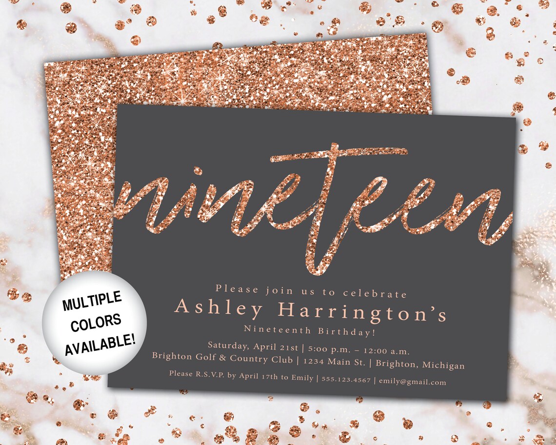 19th Birthday Invitation Rose Gold | Nineteenth Birthday Invitation ...
