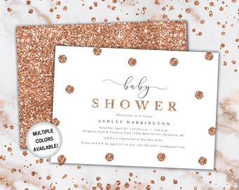Rose Gold Baby Shower Invitation with Polka Dots | Baby Shower Invitation Template Rose Gold Glitter | Rose Gold Baby Shower Invite