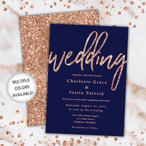 Rose Gold and Navy Wedding Invitations | Printable Wedding Invitations Template | Wedding Invitations with Rose Gold Glitter and Navy Blue