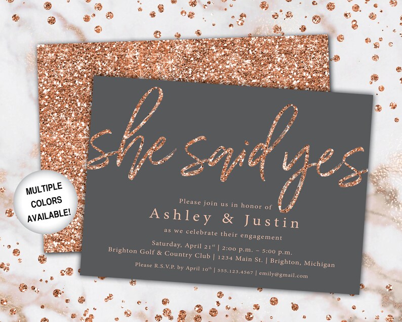 Rose Gold Engagement Party Invitation She Said Yes Invitation Template Rose Gold Glitter She Said Yes Engagement Party Invitation image 9