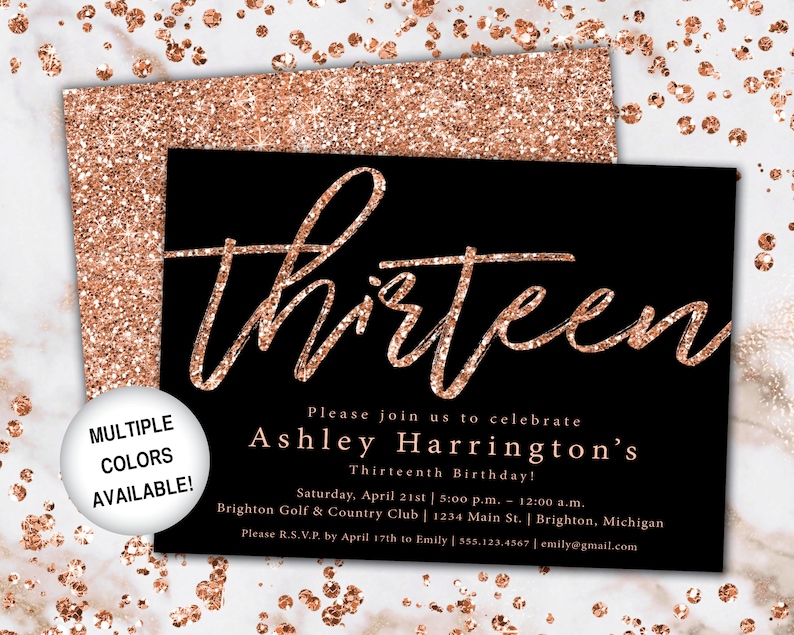 13th Birthday Invitation Rose Gold Thirteenth Birthday Invitation Template Rose Gold Rose Gold 13th Birthday Invitation Party Invite image 1