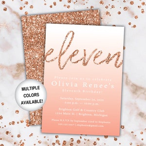 11th Birthday Invitation Rose Gold Eleventh Birthday Invitation Template Rose Gold Rose Gold 11th Birthday Invitation Party Invite image 1