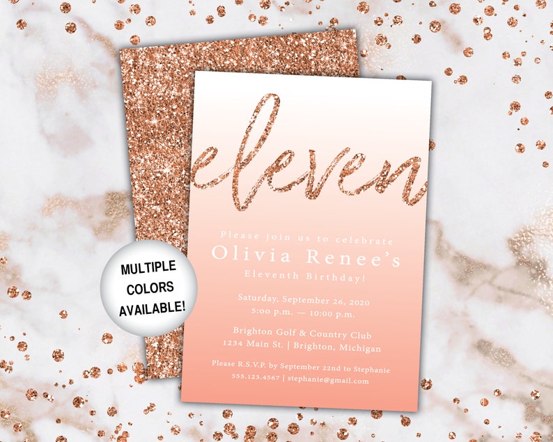 11th Birthday Invitation Rose Gold Eleventh Birthday Invitation Template Rose Gold Rose Gold 11th Birthday Invitation Party Invite image 1