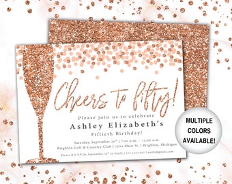 Cheers to 50 Invitation Rose Gold Champagne | 50th Birthday Invitation Template Rose Gold Glitter | Rose Gold Invitation Cheers to Fifty