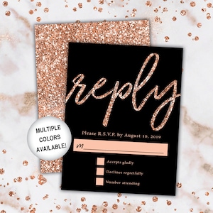 Black and Rose Gold Wedding Reply Cards | Wedding Reply Cards Rose Gold Glitter and Black | Wedding RSVP Cards with Envelopes Rose Gold