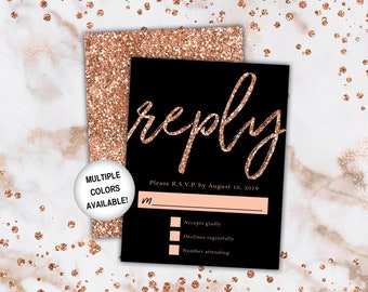 Black and Rose Gold Wedding Reply Cards | Wedding Reply Cards Rose Gold Glitter and Black | Wedding RSVP Cards with Envelopes Rose Gold