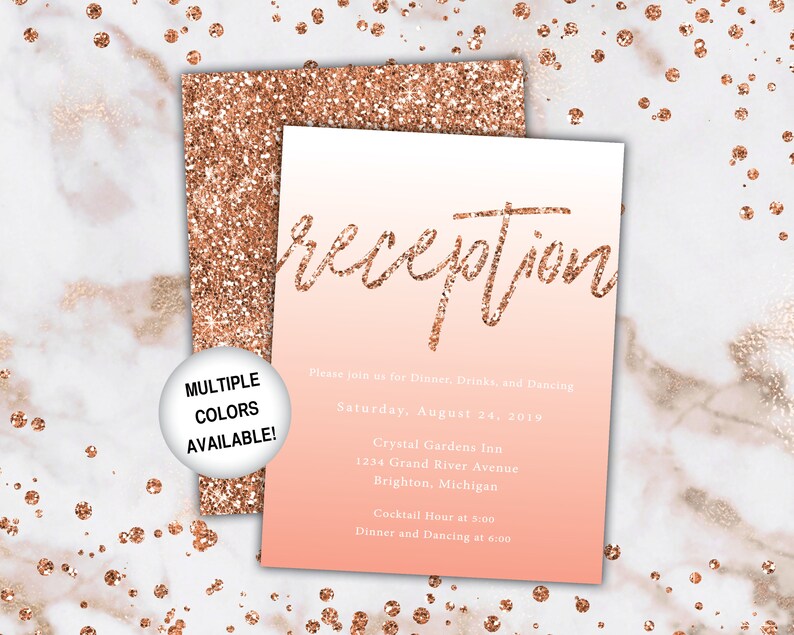 Rose Gold Reception Cards Wedding Reception Cards Rose Gold Glitter Wedding Reception Invitations Wedding Reception Template Card image 6