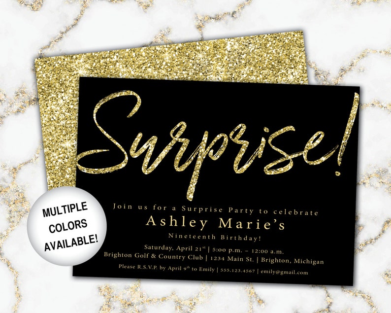 Black and Gold Surprise Party Invitation Surprise Birthday Invitation Template Gold Glitter Surprise Invite Printed or Digital File image 1