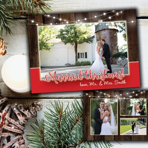 Gehuwd met Kerstkaart met foto | Rustieke kerstkaart bruiloft foto | Kerstkaart rustieke houten String Lights | Kerstkaart bruiloft