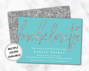 Teal and Silver Glitter Bachelorette Party Invitation | Bachelorette Invitation Template Turquoise and Silver | Bachelorette Party Printable