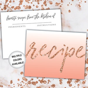 Rose Gold Recipe Card Inserts Recipe Insert for Bridal Shower Rose Gold Glitter Recipe Card Printable Template Recipe Insert Card image 1