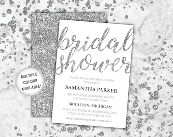 Bridal Shower Invitation Black and Silver Glitter | Black and Silver Bridal Shower Invitation | Wedding Shower Invite | Silver Glitter