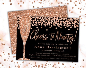 Cheers to 90 Invitation Rose Gold Champagne | 90th Birthday Invitation Template Rose Gold Glitter | Rose Gold Invitation Cheers to Ninety