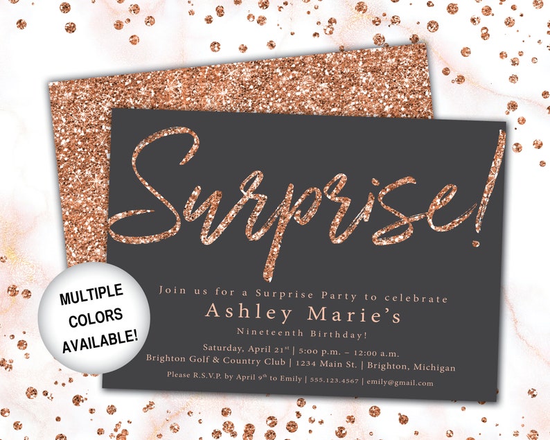 Rose Gold Surprise Party Invitation Surprise Birthday Party Template Rose Gold Rose Gold Surprise Invite Printed or Digital File imagem 9