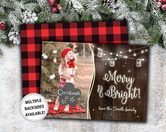 Rustic Merry and Bright Christmas Card with Photo | Christmas Card Photo | Christmas Card Rustic Merry and Bright String Lights | Template