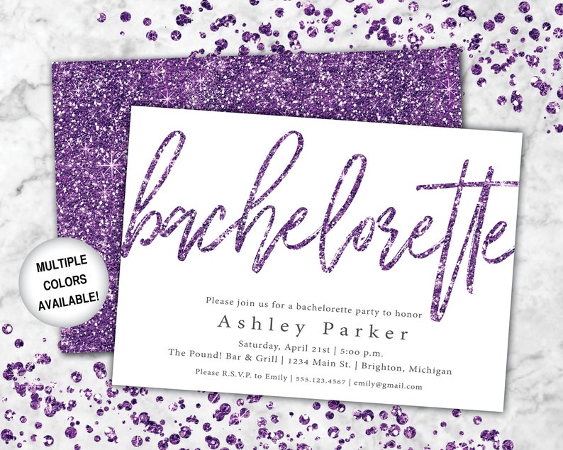 Purple Bachelorette Party Invitation with Glitter Bachelorette Party Invitation Purple Bachelorette Party Invites Bachelorette Invites image 1