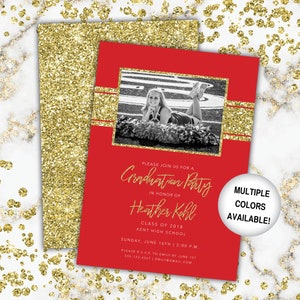 Red and Gold Graduation Party Invitation Glitter | Gold Glitter Graduation Party Invitation with Photos | Class of 2019 Invitation Template