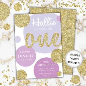Baby&#39;s First Birthday Invitation Purple and Gold | Glitter Birthday Party Invitation | Birthday Party Invitation Gold Glitter | Birthday