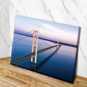 Mackinac Bridge Sunset Canvas Decor | Mackinac Bridge Wall Art Landscape | Michigans Upper Peninsula Photography | Mackinac Bridge Aerial