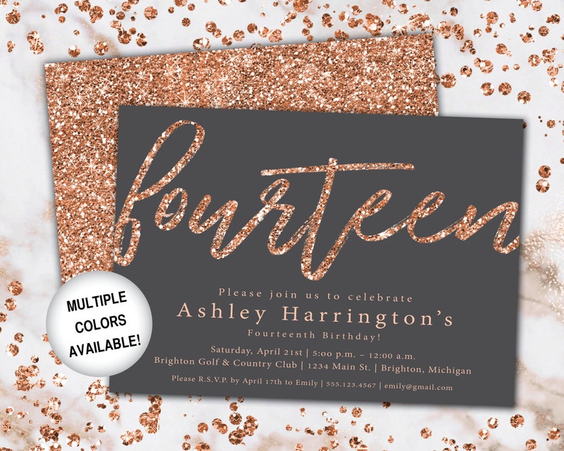 14th Birthday Invitation Rose Gold Fourteenth Birthday Invitation Template Rose Gold Rose Gold 14th Birthday Invitation Party Invite image 8