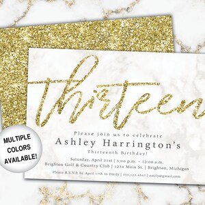 13th Birthday Invitation Gold Glitter | Thirteenth Birthday Invitation Template Gold | Gold 13th Birthday Invitation | Party Invitation