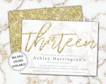 13th Birthday Invitation Gold Glitter | Thirteenth Birthday Invitation Template Gold | Gold 13th Birthday Invitation | Party Invitation