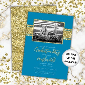 Blue and Gold Graduation Party Invitation Glitter | Graduation Party Invitation with Pictures | Graduation Photo | Class of 2019 Bright Blue