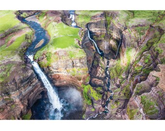 Haifoss Iceland Waterfall Photography Wall Art, Háifoss Photo South Iceland Aerial View Decor Artwork, Iceland Waterfalls Landscape Foss