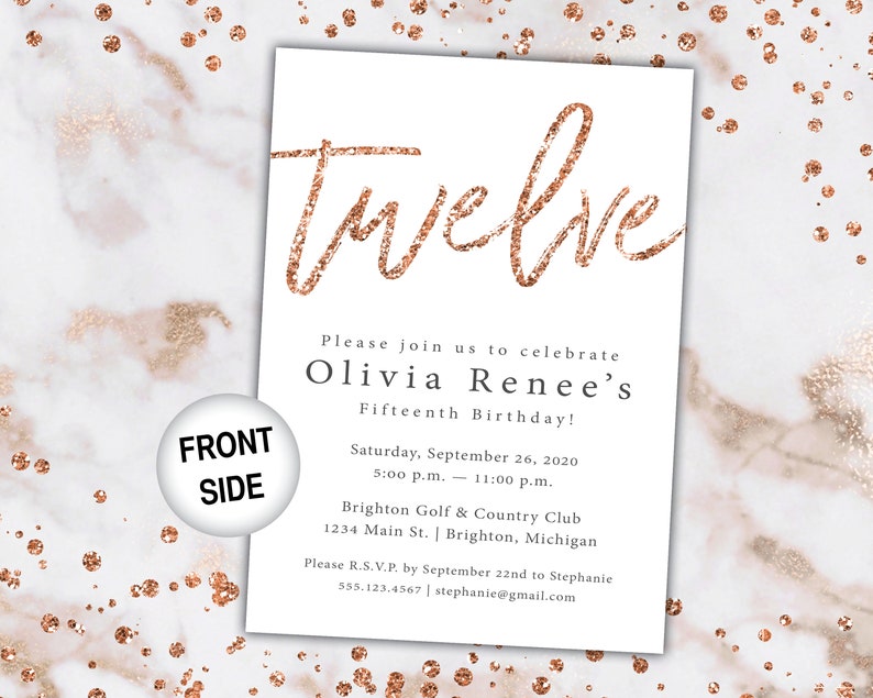 12th Birthday Invitation Rose Gold Twelfth Birthday Invitation Template Rose Gold Rose Gold 12th Birthday Invitation Party Invite image 3