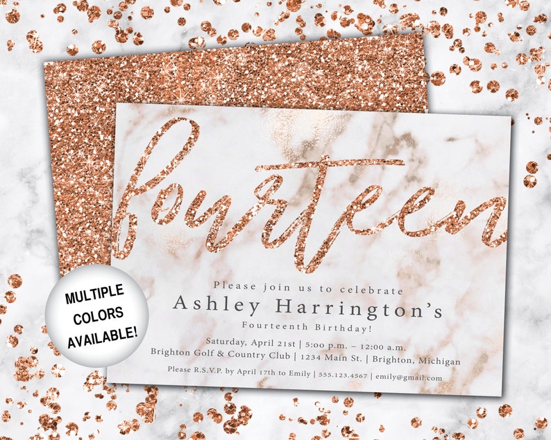 14th Birthday Invitation Rose Gold Fourteenth Birthday Invitation Template Rose Gold Rose Gold 14th Birthday Invitation Party Invite image 10