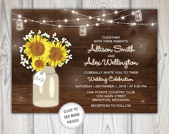 Rustic Wedding Invitations | Wedding Invitations Sunflowers | Wood String Lights | Mason Jars | Printable Wedding Invitation Package