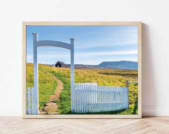 Krýsuvík Church Iceland Photography, Icelandic Church with White Picket Fence, South Iceland Photo Print Wall Art, Brown Chuch with Cross