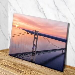 Sunset at Mackinac Bridge Wall Canvas Decor | Mackinac Bridge Sunset Wall Art | Michigans Upper Peninsula Photography | Mackinac Bridge