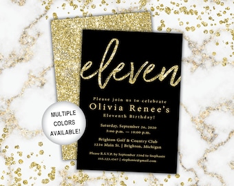 Invitación de cumpleaños 11 Negro y oro / Plantilla de invitación de undécimo cumpleaños Gold Glitter / Negro y oro Invitación de undécimo día
