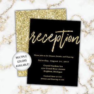 Gold and Black Reception Cards Wedding Reception Cards Black and Gold Glitter Wedding Reception Invitations image 1