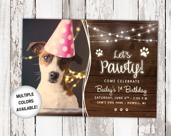 Dog Birthday Party Invitation with Photo | Let's Pawty Puppy Birthday Invitation | Dog's First Birthday Invitation Rustic | Invite Template