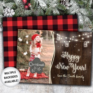 Rustieke nieuwe jaar kaart met foto | Happy New Year kaart | Kerstkaart foto | Rustieke houten String Lights | Kerstkaart sjabloon