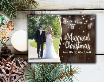 Married Christmas Card with Photo | Rustic Christmas Card Wedding Photo | Christmas Card Rustic Wood String Lights | Christmas Card Wedding