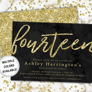 14th Birthday Invitation Gold Glitter | Fourteenth Birthday Invitation Template Gold | Gold 14th Birthday Invitation | Party Invitation