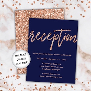 Navy and Rose Gold Reception Cards | Wedding Reception Cards Rose Gold Glitter and Navy | Wedding Reception Invitations | Reception Template