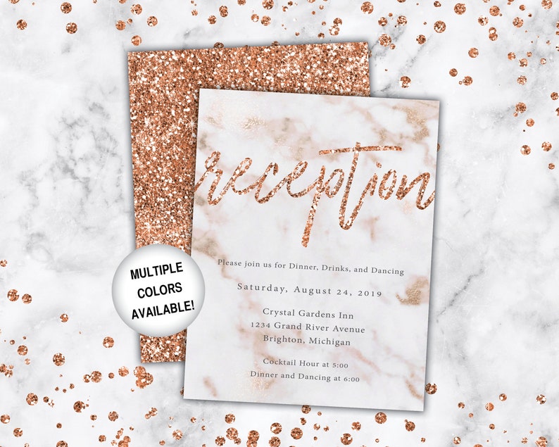 Rose Gold Reception Cards Wedding Reception Cards Rose Gold Glitter Wedding Reception Invitations Wedding Reception Template Card image 9