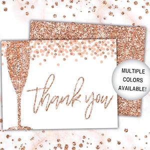 Rose Gold Thank You Cards Champagne Glass and Confetti | Rose Gold Glitter Thank You Cards | Printable Thank You Notecards